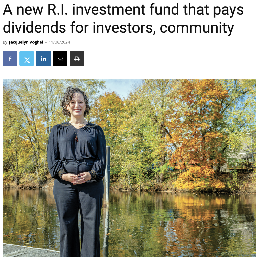Image of headline: A new RI investment fund that pays dividends for investors, community" and photo of woman standing by river